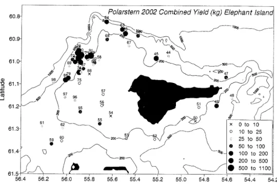 Fig. 2.1-2: Combined  fish yield in the Elephant Island area in January -  February 2002 (ANT-XIXJ3) 
