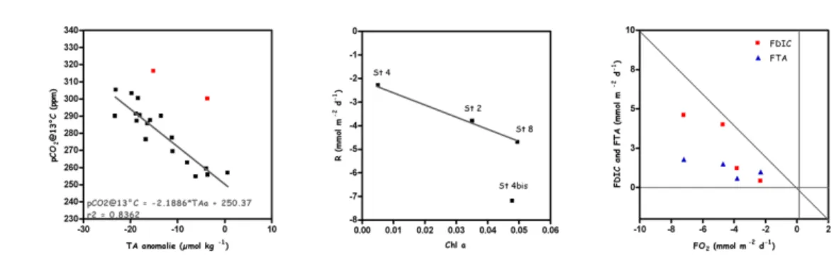 Figure 4 (left): TA (µmol kg -1 ) versus salinity to calculate the TA anomalies. Figure 5 (middle): Chl a content (µg l -1 ) versus depth.