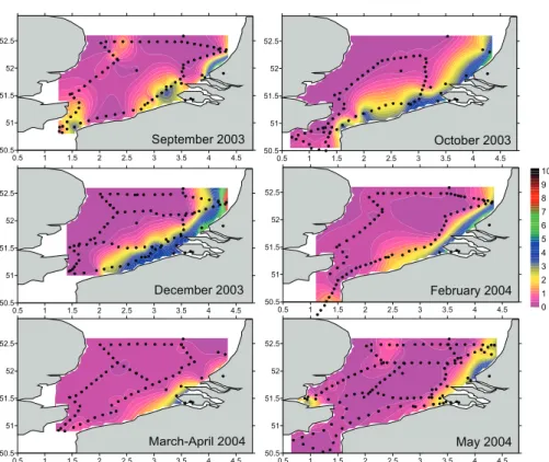 Fig 6: Ammonium (µM) distribution in the SBNS for the 6 cruises. Dots represent sampling positions