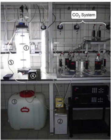 Fig. 1. Components of one chemostat connected to the CO 2 regulation system. Incuba- Incuba-tor (①), thermostat (②), peristaltic pump (④), 100 L nutrient medium reservoir (③) and overﬂow bottle (⑤).