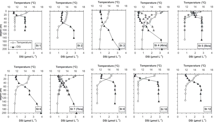 Fig. 2. Vertical proﬁles of temperature (ﬁlled circles, upper axis) and DSi (ﬁlled triangles, lower axis) in the northern Bay of Biscay (June 2004)