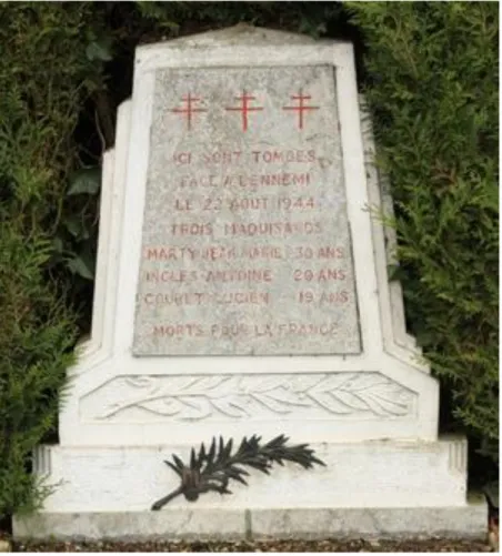 Figure 23: Stèle à la mémoire de  trois maquisards « Morts pour la  France » tués le 22 août 1944 à  Mimbaste (Source : Photographie  personnelle) 