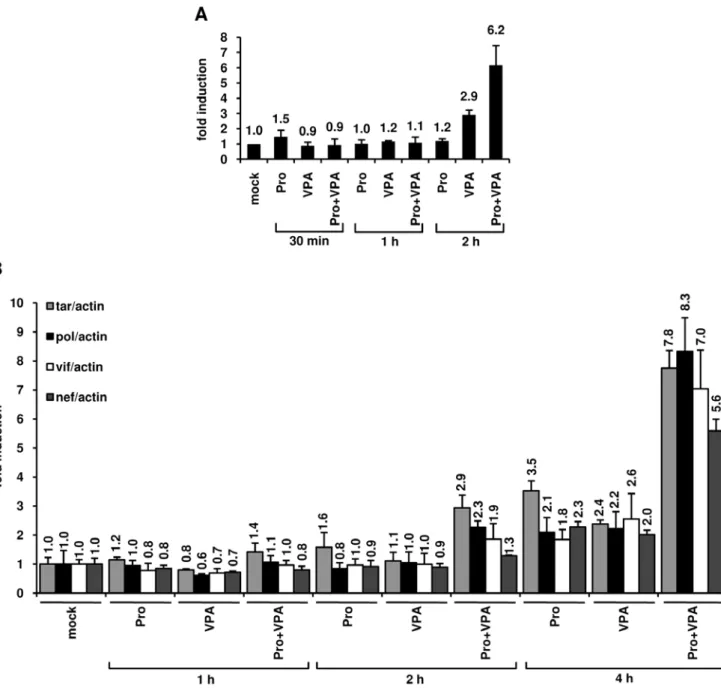 Figure 7. Effects of prostratin+VPA on HIV-1 transcription. (A) RNAPII occupancy of the HIV-1 promoter region was assessed by ChIP experiments