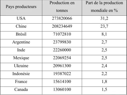 Figure 5 : Classement de la production agricole mondiale en 2012  Tirée de FAOStat, 2012 
