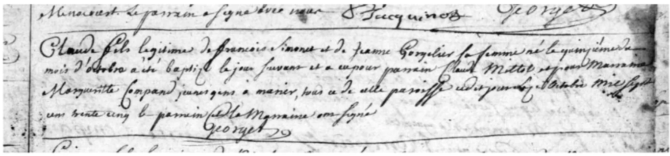 Figure 8 l'acte de baptême de Claude SIMONET, à Longeaux (1735) 