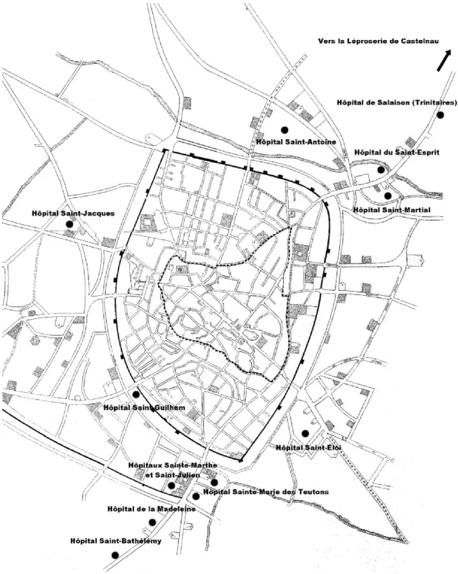 Fig. 2 Les principaux établissements hospitaliers à Montpellier vers le XIIIe siècle. 