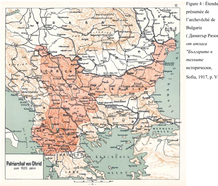 Figure 4 : Étendue  présumée de  l’archevêché de  Bulgarie  ( Димитър Ризов,   от атласа  "Българите в  техните  исторически,  Sofia, 1917, p