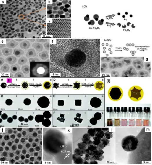 Figure  2.9.  Gallery  of  representative  TEM/HRTEM  images  illustrating  examples  of  dumbbell  and  core@shell  nanohybrids  made  of  metal  and  semiconductor  associations