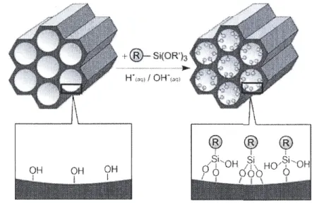 Figure 9.  Greffage post-synthèse d'un groupement organique à  la surface du  pore  [Hoffman et al., 2006] 