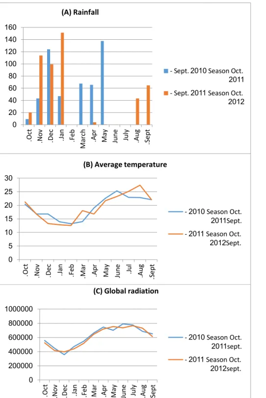Figure 2: Climatic data of the experimental area during the two years of observations: (A):  Rainfall; (B): Average  temperature; and (C): Monthly sum of global radiation