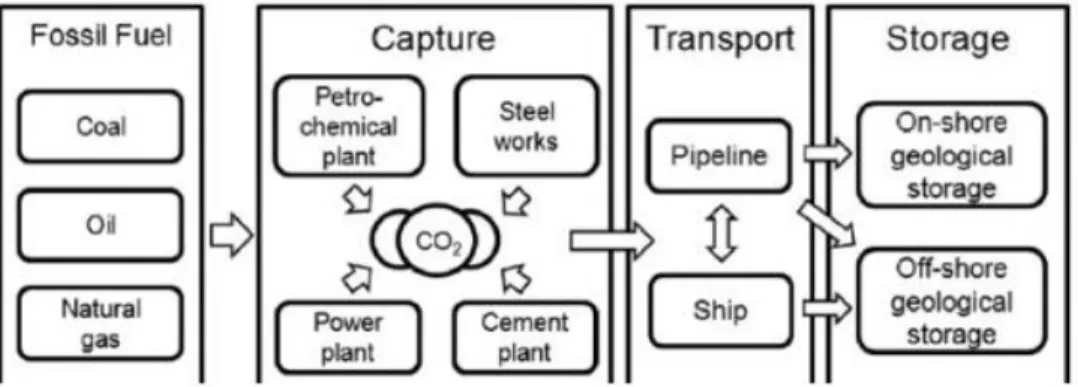 Figure 2.1 Les processus de la chaine de capture et séquestration du carbone (Gim et al