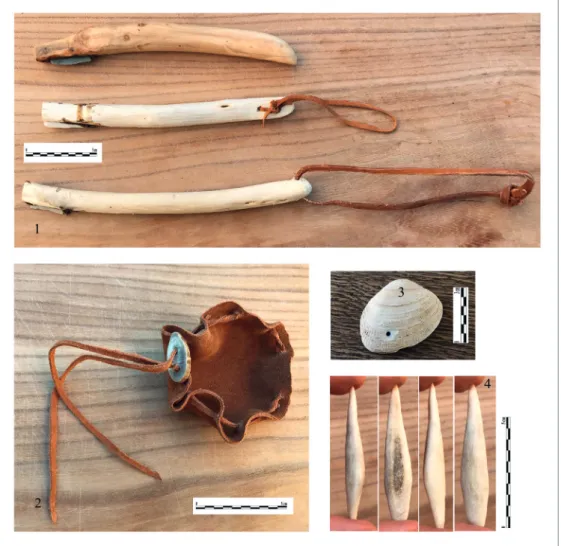 Fig. 4: Experimentally made objects. 1 (top): juniper wood handle (made earlier in order to test the first setup),  (lower two): handles made from willow wood; 2: small leather bag with antler button; 3: perforated marine bivalve  shell; 4: antler projecti