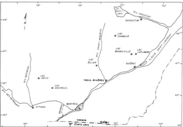 FIGURE  J . 7:  LOCALisATION  DES  SIX  LACS  SÉLECTioNNÉS 