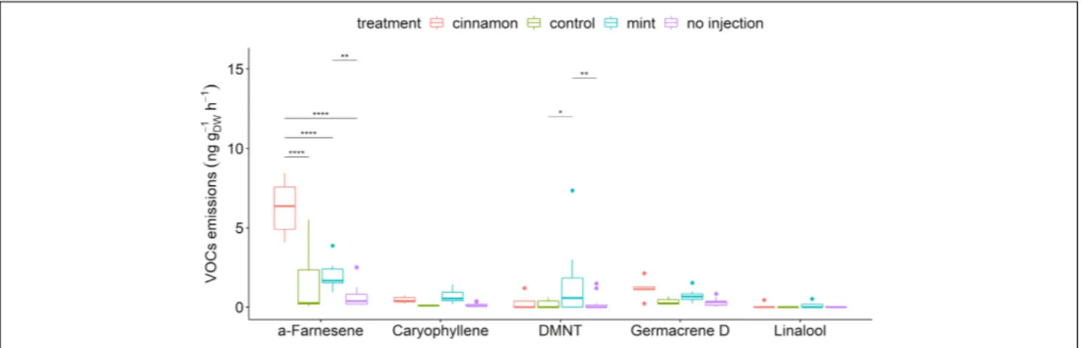 FIGURE 4 | Boxplot of a selection of Malus domestica volatile organic compounds (VOCs) emitted (ng g DW −1 h −1 ) from plants injected with essential oils (EOs) and the control