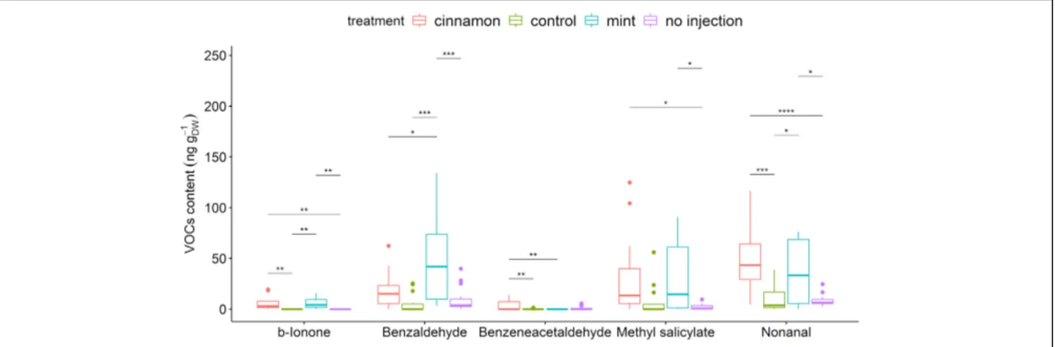 FIGURE 6 | Boxplot of a selection of Malus domestica volatile organic compounds (VOCs)content (ng g DW - 1 ) from plants injected with mint and cinnamon essential oils (EOs) and the control