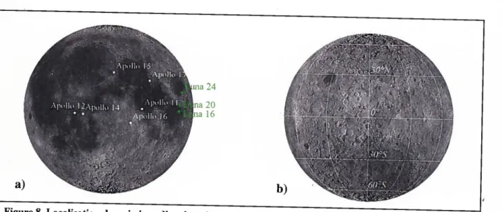 figure 8. Localisation des missions d’exploration lunaire Apollo et Luna. a) Face visible de la Lune, b) Face cachée