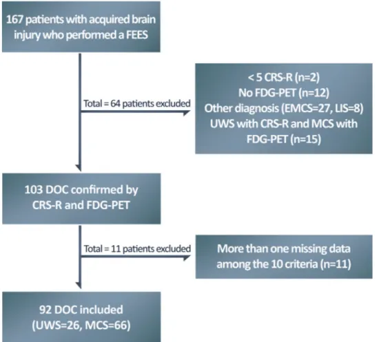 Fig. 1. Flowchart of the study. FEES: ﬁberoptic endoscopic evaluation of swallowing; CRS-R: Coma Recovery Scale-Revised; FDG-PET: ﬂuorodeoxyglucose-positron emission tomography; EMCS: emergence from minimally conscious state; LIS: locked-in syndrome; DOC: 