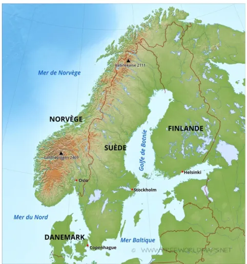 Figure 1  :  Carte de la Scandinavie (sans l’Islande) Source : freeworldmap   