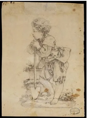 Figure 12 : Boucher F., Le Petit Jardinier),1749, crayon  et pierre noire sur papier blanc, 22x33,5cm, Inv