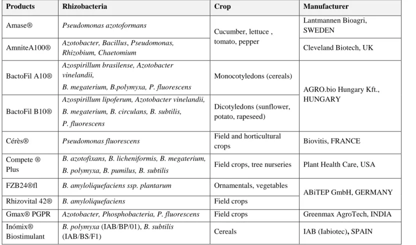 Table 2 Examples of commercial PGPR-based products in Europe, North America and Asia. 