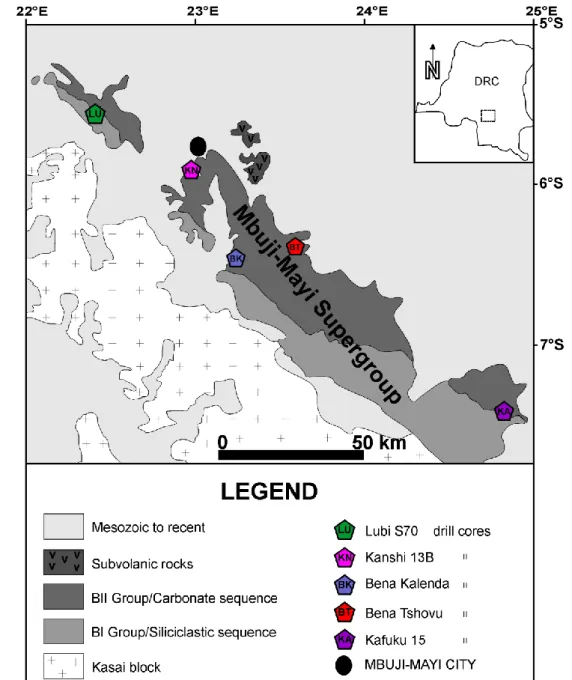 Fig. 2.3. Carte géologique simplifiée du Supergroupe de Mbuji-Mayi dans sa partie  Ouest et localisation des sondages étudiés