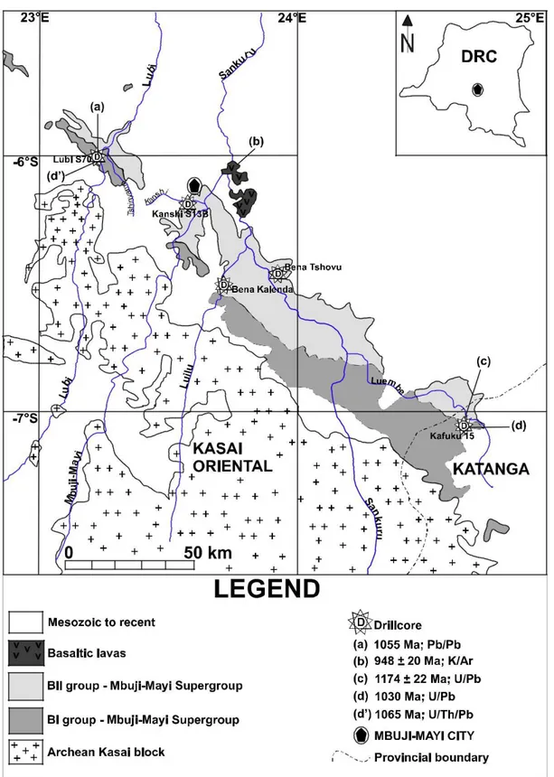Fig. 2. Simplified geological map of the Mbuji-Mayi Supergroup in the Sankuru-Mbuji-Mayi region