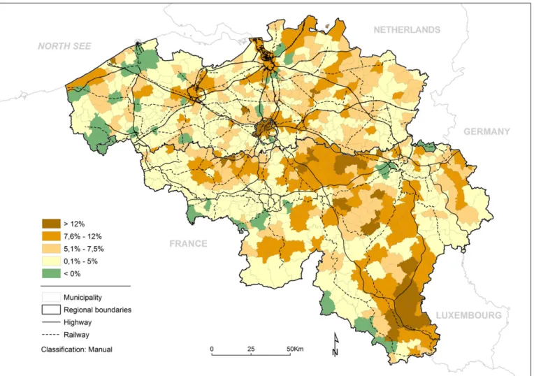 Fig. 4. Comparison of the 2001 CEP index deviation from the national average and 2001e2010 population changes by region, by municipality.