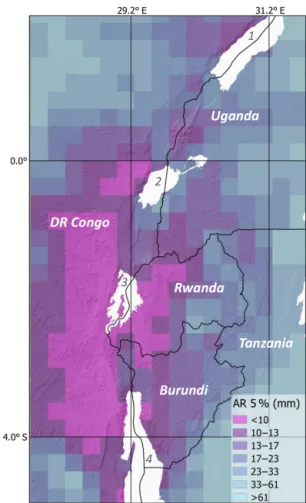 Figure 5. Antecedent rainfall (AR) threshold map (0.25 ◦ res- res-olution) at 5 % exceedance probability (see Eq