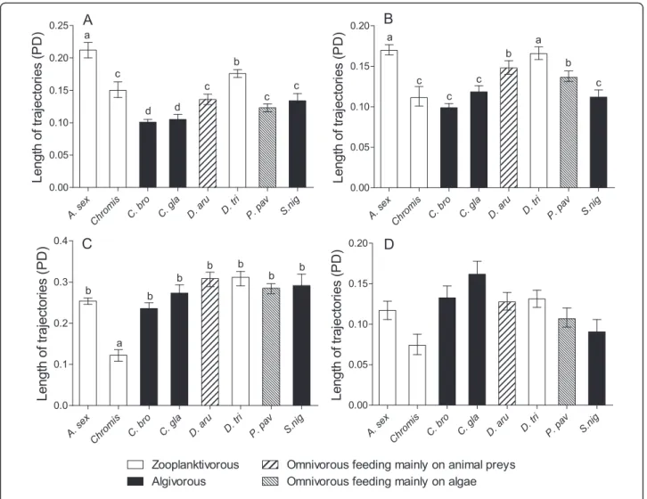 Figure 5 Lengths of ontogenetic trajectories. (A) Neurocranium, (B) «suspensorium and opercle» unit, (C) mandible and (D) premaxilla