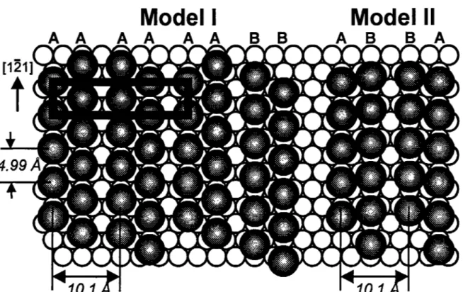 Figure 3.9  Structural models for the butanethiol SAMs that are compatible with the experimental  stripe dimensions and the corrugations due to the methyl terminated surface