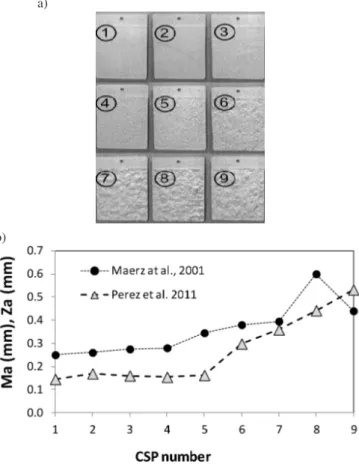Fig. 8. View of ICRI CSP plaques for evaluation of concrete surface roughness (a) and (b) relationship: arithmetic mean deviation M a