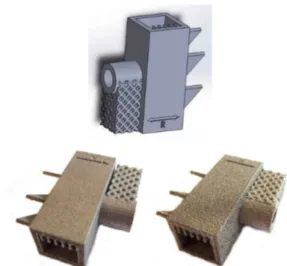 Fig. 2: Proposed design (top), part produced in titanium  by SLM (bottom left) and titanium by EBM (bottom  right)