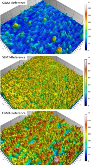 Fig.  5:  SEM  pictures  showing  the  surface  structure  of  the as-produced samples on the vertical flat surface