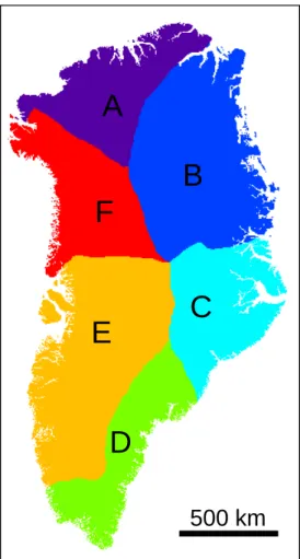 Fig. 6. The Greenland ice sheet is divided into six regions (A–F) based on groupings of drainage basins identified by Rignot et al