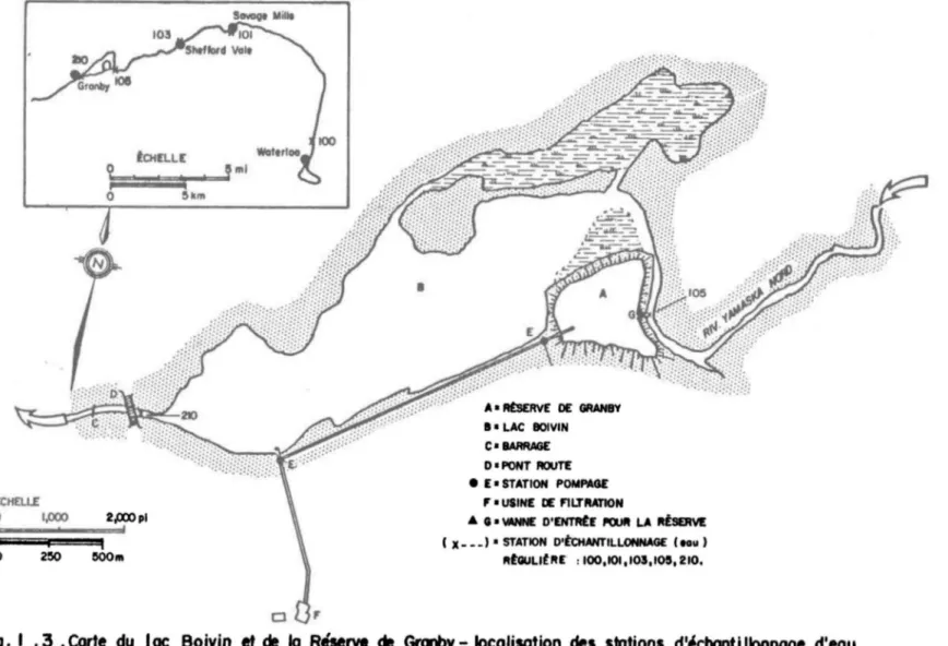 Fig.  1 • 3  •  ca,te  du  loc  Boivin  et  de  10  Réserve  de  Granby - localisation  dei  sfotions  d'échont  i  IIonnog8  d'eau  (tir4  de  Campbell  et  01.,  1979'
