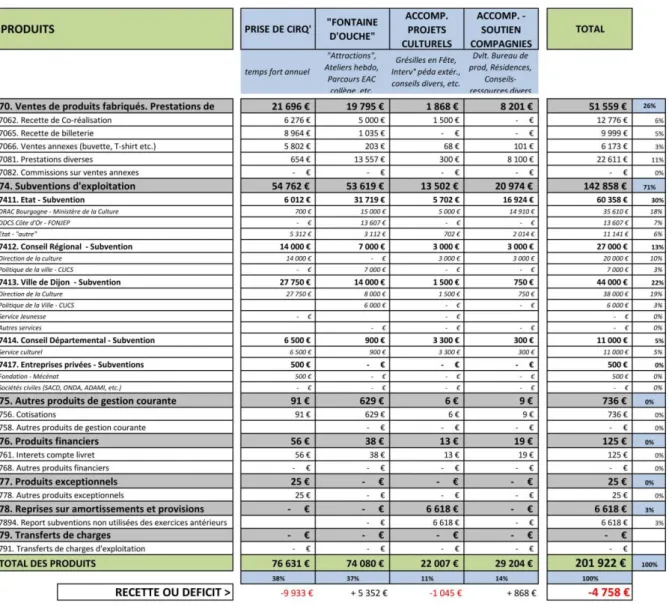 Figure 8 : Budget réalisé de CirQ’ônflex en 2017 : tableau présentant les produits 