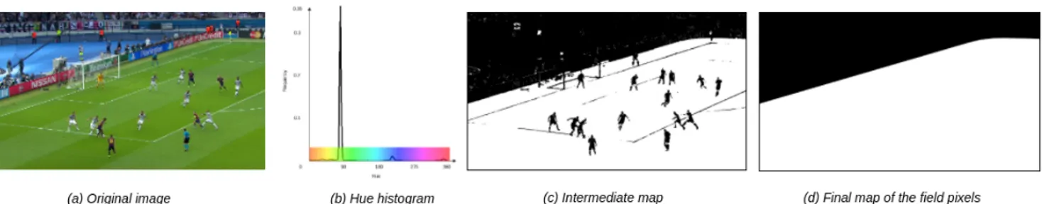 Figure 2. (a) Original image from which we extract the field pixels. (b) Hue histogram of the image