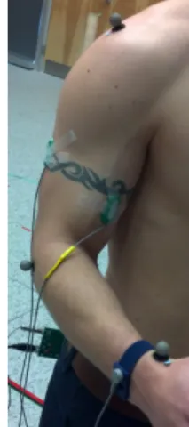 Figure 3.8 Electrode positioning. The EMG signals are recorded from two positions, one for the biceps muscle groups and the other for the triceps muscle groups .