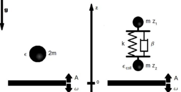 Fig. 1. Schematic representation of both models: bouncing ball (left) and bouncing spring (right)