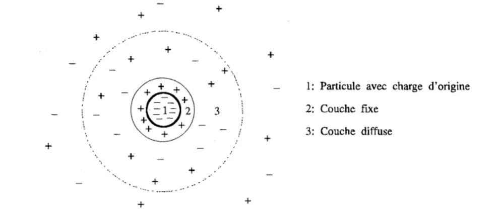 Figure 3.2: Particule colloidale et sa double couche. Tire de (BEAUDRY, 1984).