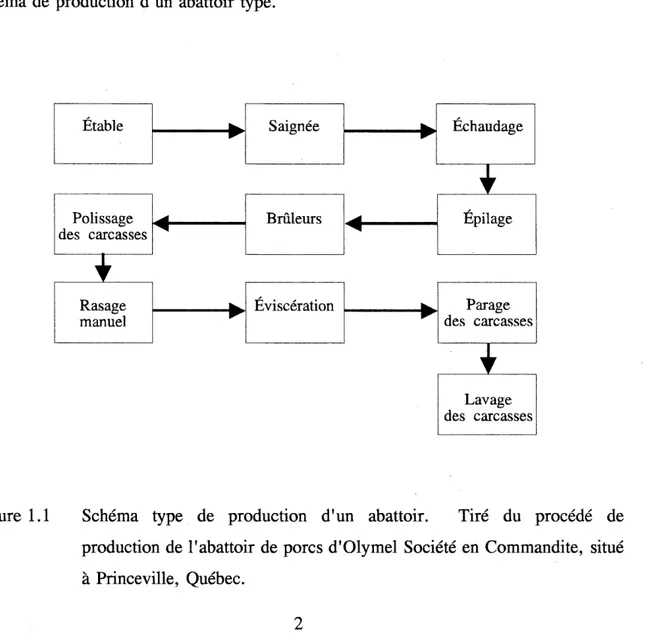 Figure 1.1 Schema type de production d'un abattoir. Tire du precede de production de 1'abattoir de pores d'Olymel Societe en Commandite, situe a Princeville, Quebec.