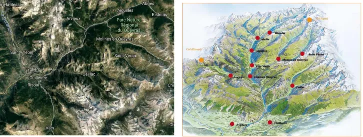Figure 3 et 4 :  Axes de communication et topographie du Guillestrois-Queyras 