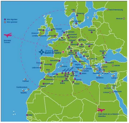 Figure 8 : Carte des destinations européennes et internationales offertes à l’aéroport Saint-Exupéry  (Source : Aéroport de Lyon Saint-exupéry, guide horaire 2007) 