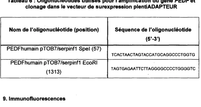 Tableau 6 : Oligonucléotides utilisés pour l'amplification du gène  PEDFet  clonage dans le vecteur de surexpression plentiADAPTEUR 