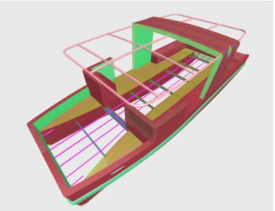 Fig. 13. Master file: data originated from the documents A, B, C, and D  (Rhino3D) authored by both L2Onaval and CBStructure, aggregated in  document A (Rhino3D) and viewed in the Speckle viewer app