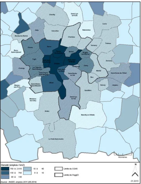 Figure 5 : Communes du territoire d'étude selon leur densité d'emplois (source : INSEE  2012) 