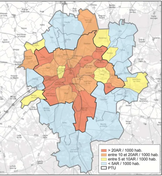 Figure  7  :  Commune  de  l'AgglO  selon  leur  desserte  en  transport  en  commun  pour  1000  habitants  (source : INSEE 2012, Conseil Départemental du Loiret, Communauté d’agglomération  Orléans Val de-Loire)