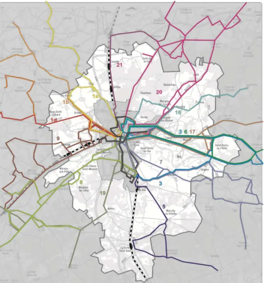 Figure 9 : Desserte du territoire de l'AgllO par les lignes du réseau Ulys (source : Conseil Départemental du Loiret) 