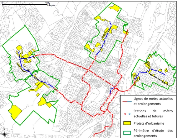 Figure 6 : L’implantation des projets d’urbanisme en fonction des prolongements de métro