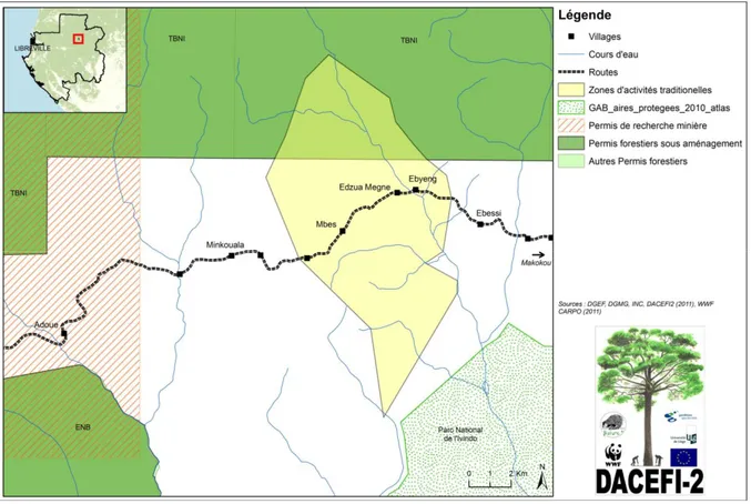 Figure 2. Occupation spatiale partielle du village d’Ebyeng-Edzua, site pilote du projet DACEFI-2, et  superposition avec les permis forestiers alentours (juin 2011) 
